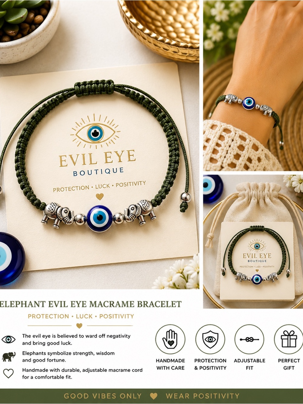 Olive Green Macrame Bracelet with Blue Eye & Silver Elephants